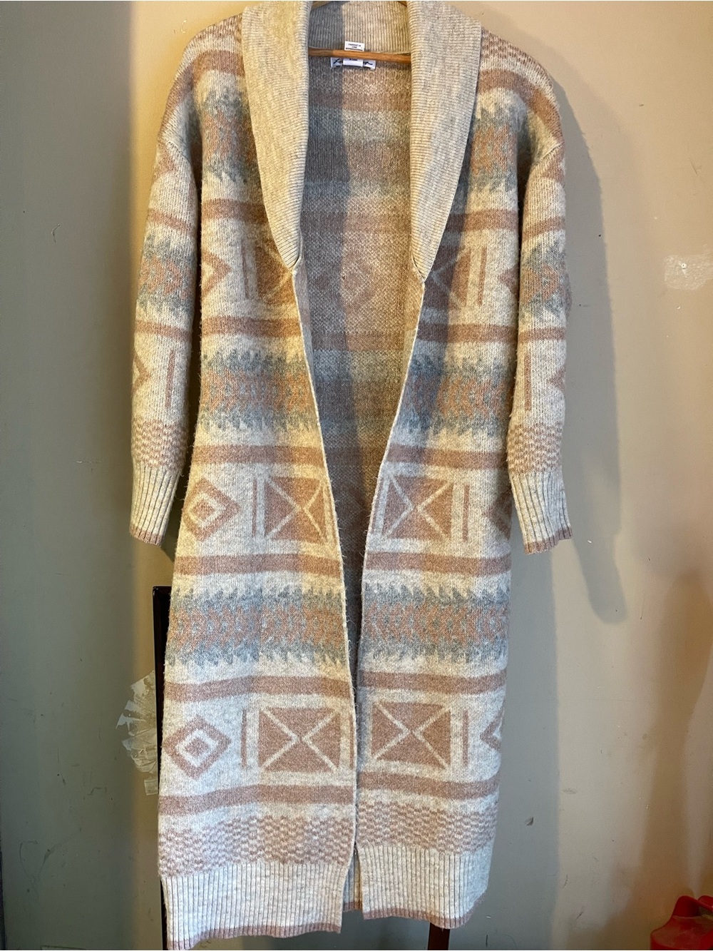 London Kaye Neutral Geometric Aztec Belted Duster Cardigan Size Large